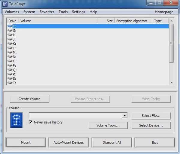 Интерфейс программы TrueCrypt